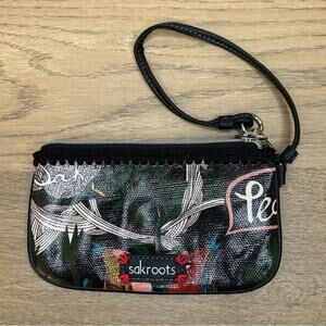 Sakroots Peace Nature Happy Wristlet Pouch Black